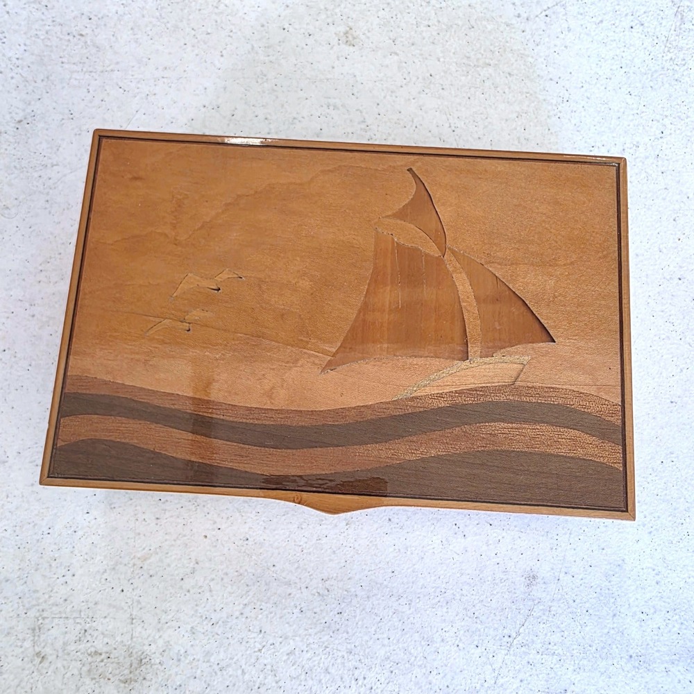 Reuge Musical Jewelry Box Wood Inlay Sailboat Brown Swiss Movement